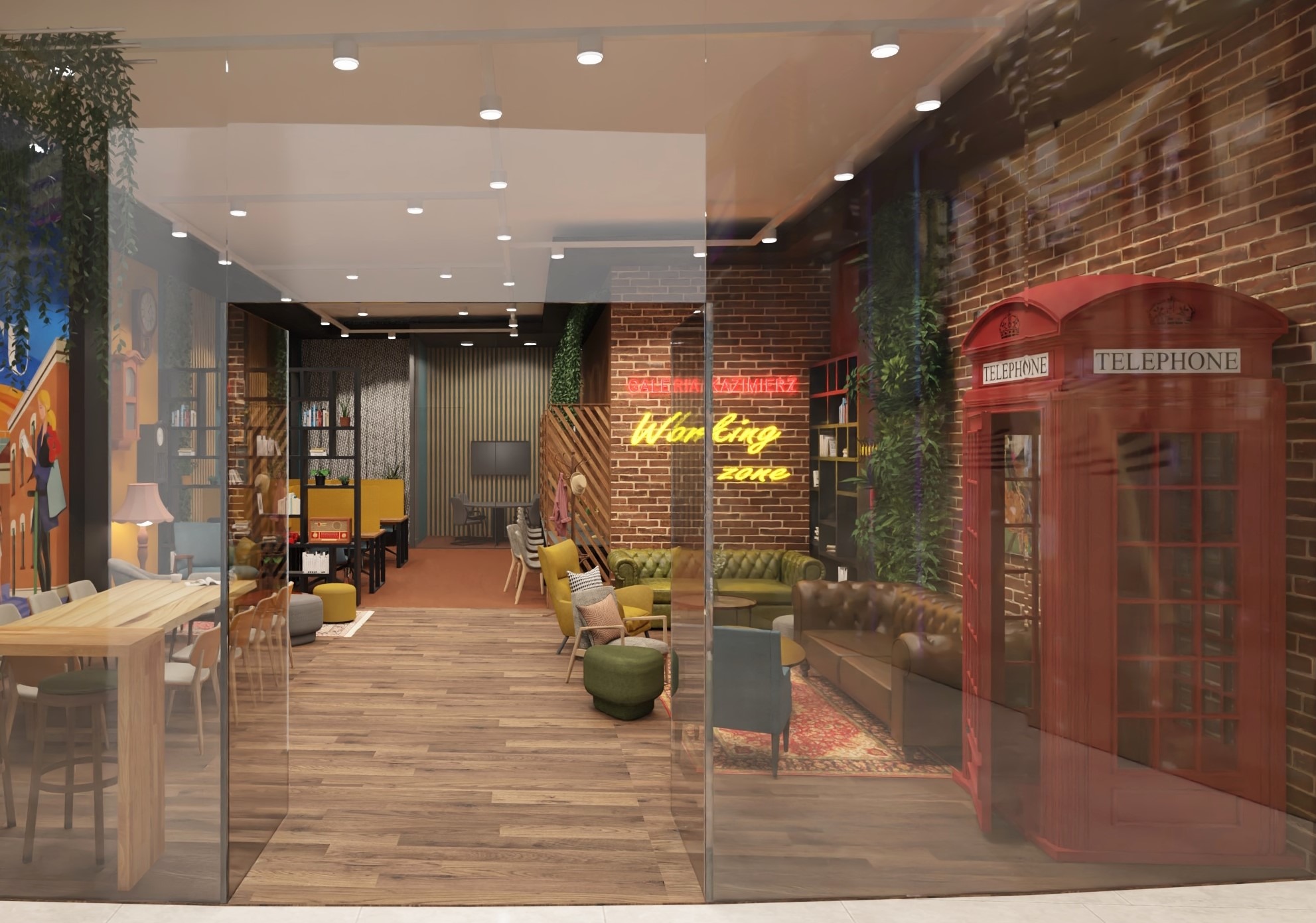 Strefa co-working w galerii handlowej.