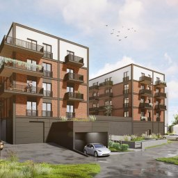 TMSYS sp. z o.o. - Wizualizacja osiedla z ceglaną elewacją, balkonami z roślinami i podziemnym parkingiem. Na jednym z balkonów para osób. Nad budynkami klucz ptaków na tle nieba.