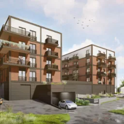 Wizualizacja osiedla z ceglaną elewacją, balkonami z roślinami i podziemnym parkingiem. Na jednym z balkonów para osób. Nad budynkami klucz ptaków na tle nieba.