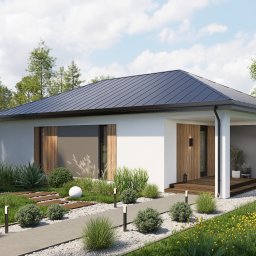 TMSYS sp. z o.o. - Nowoczesny, parterowy dom z ciemnym dachem i białymi ścianami. Ogród z ścieżką, oświetleniem i dekoracyjnymi kulami. Widoczne drewniane elementy wykończenia.