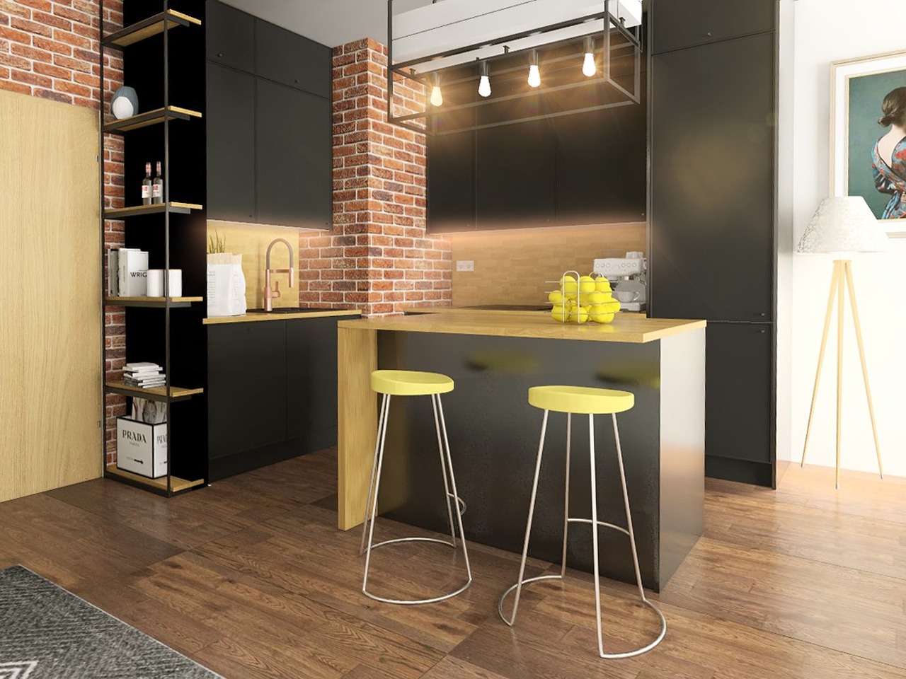 Nowoczesna kuchnia z ceglaną ścianą, czarnymi szafkami i drewnianym blatem. Żółte stołki barowe dodają koloru. Widoczna lampa i elementy dekoracyjne.