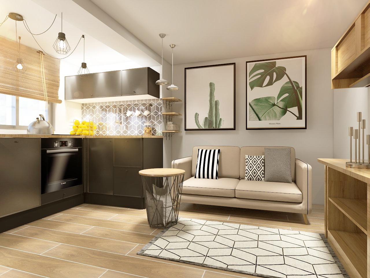 Jasne wnętrze z aneksem kuchennym, beżową sofą i grafikami roślinnymi. Parkiet w odcieniach drewna i dywan w geometryczne wzory dopełniają aranżację.