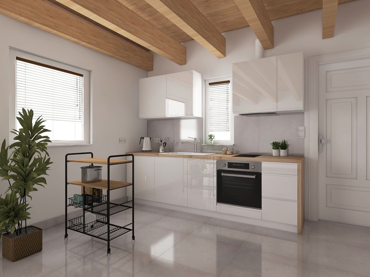 Jasna kuchnia z drewnianymi belkami sufitowymi, białymi szafkami i rośliną doniczkową. Widoczny wózek kuchenny i okno z żaluzjami. Nowoczesny design.
