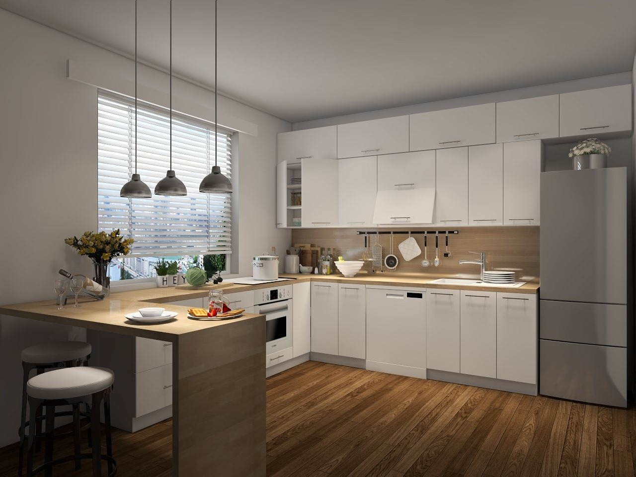Jasna kuchnia z drewnianą podłogą i blatem. Nad blatem trzy lampy wiszące. Na blacie kwiaty w wazonie, owoce i naczynia. Minimalistyczny styl.