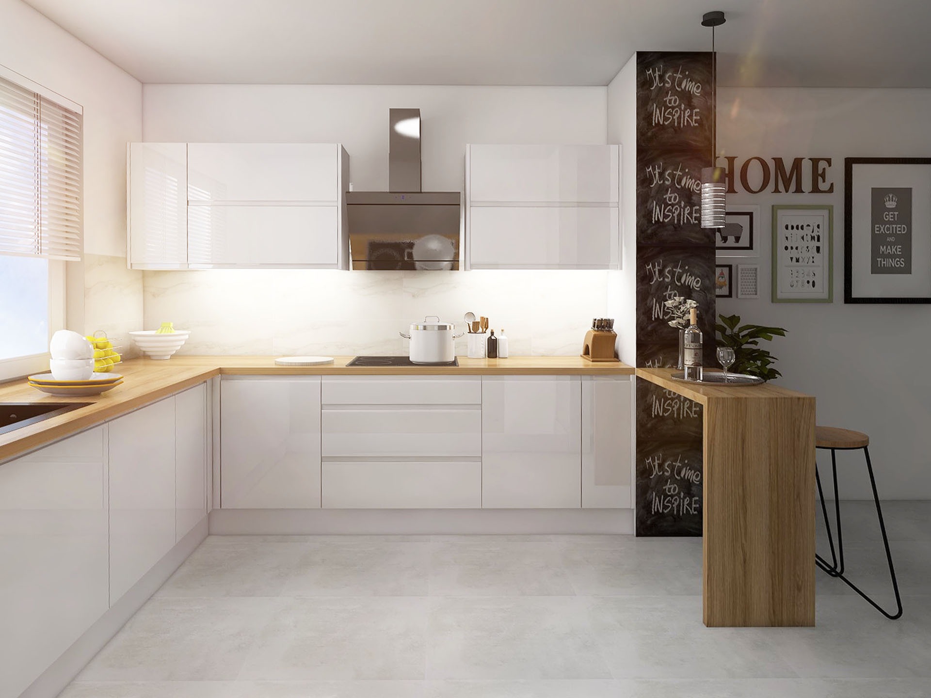 Jasna kuchnia w stylu nowoczesnym: białe, lakierowane fronty szafek, drewniany blat, czarna tablica kredowa z napisem 'Inspire' i dekoracje ścienne.