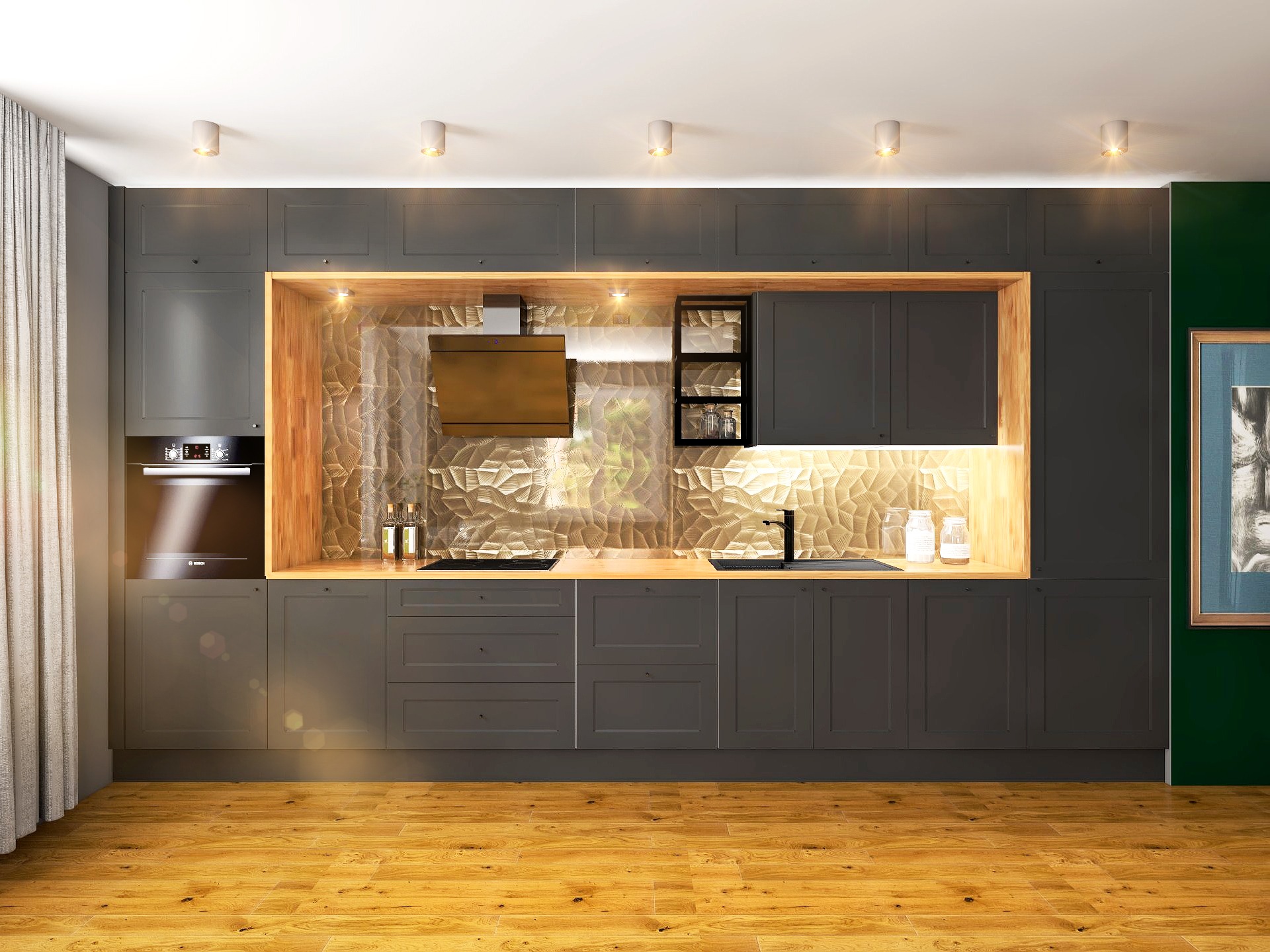 Nowoczesna kuchnia z szarymi szafkami, drewnianym blatem i dekoracyjną ścianą. Oświetlenie punktowe i drewniana podłoga nadają wnętrzu ciepły charakter.