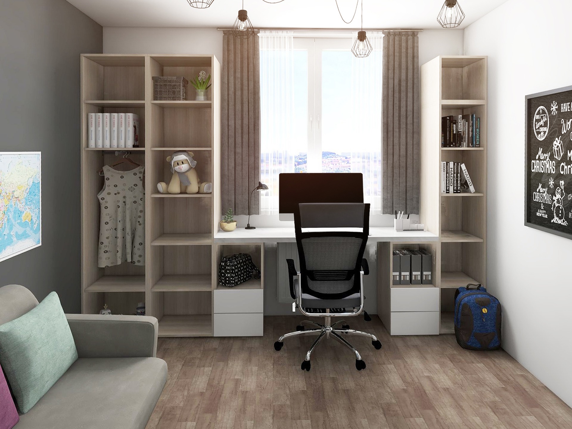 Jasny pokój z biurkiem, regałami i sofą. Neutralna kolorystyka, drewniana podłoga. Na biurku komputer, lampka i akcesoria. Na półkach książki, dekoracje i ubrania.