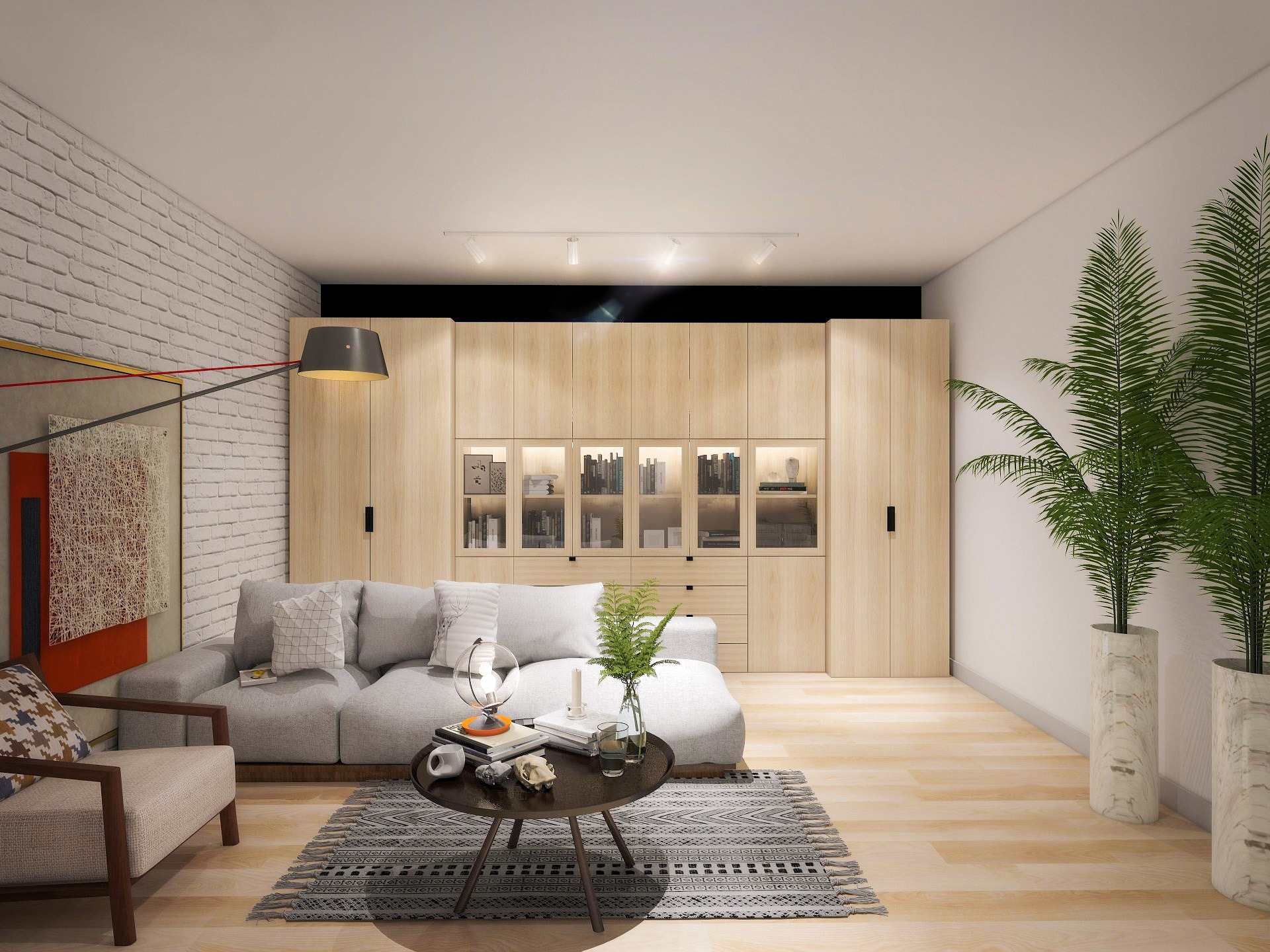 Jasne wnętrze salonu z szarą sofą, drewnianą zabudową biblioteczną i ceglaną ścianą. Nowoczesny stolik kawowy i rośliny doniczkowe dodają przytulności.