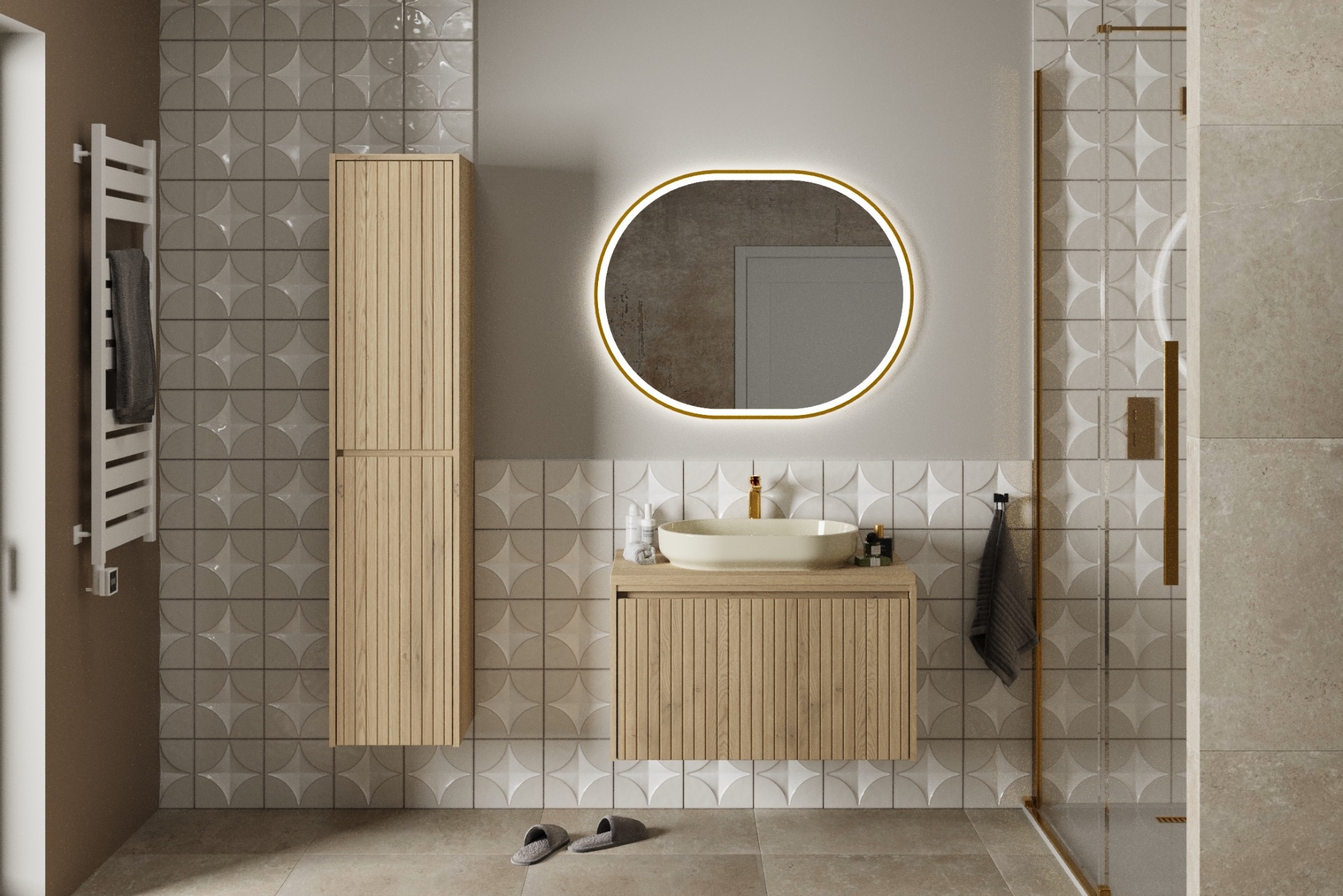 Nowoczesna łazienka z drewnianą szafką pod umywalką, owalnym lustrem z podświetleniem i grzejnikiem drabinkowym. Płytki z motywem półkola.