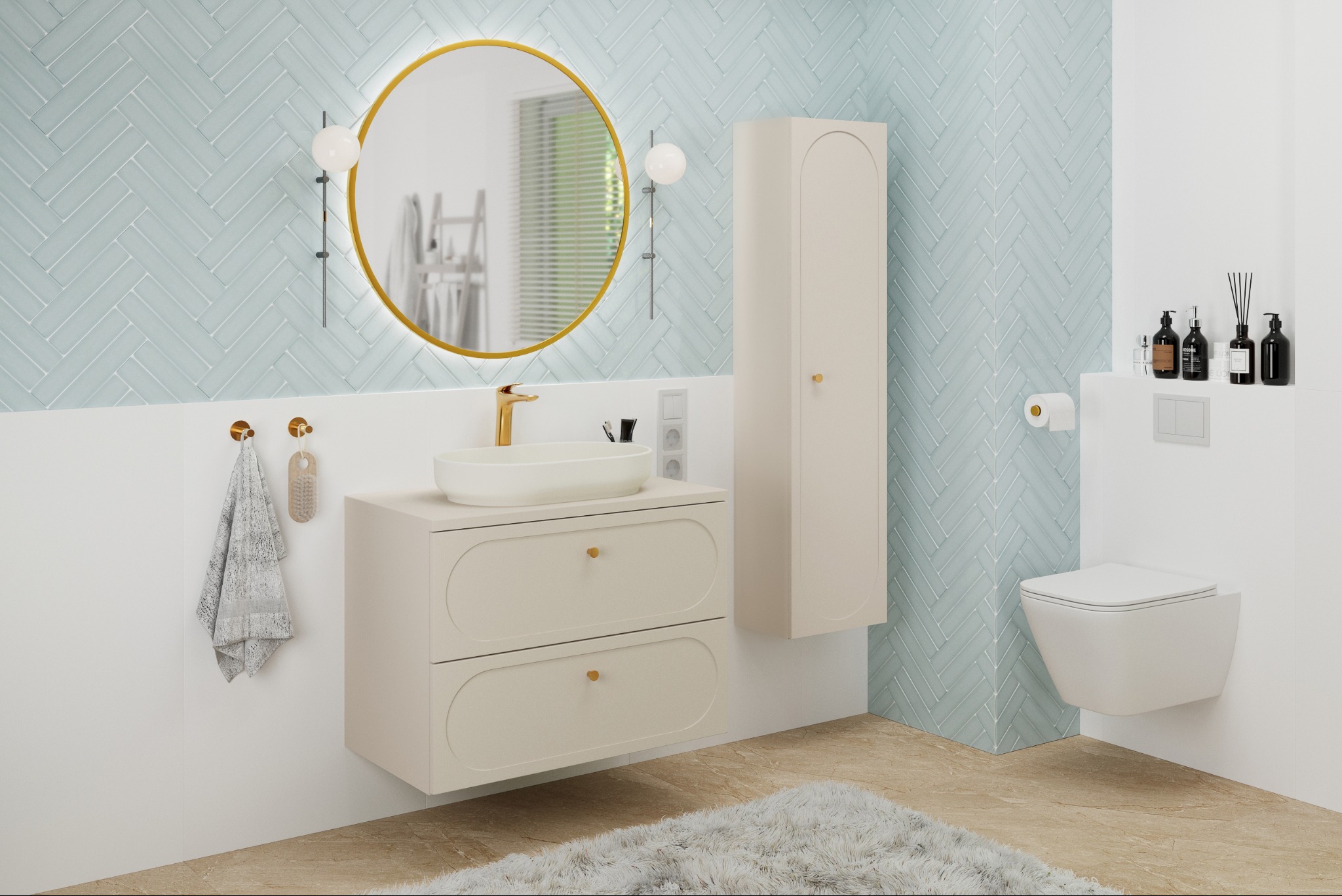 Elegancka łazienka w Krakowie: błękitne płytki ułożone w jodełkę, okrągłe lustro w złotej ramie, beżowa szafka pod umywalką i wisząca toaleta. Nowoczesny design.