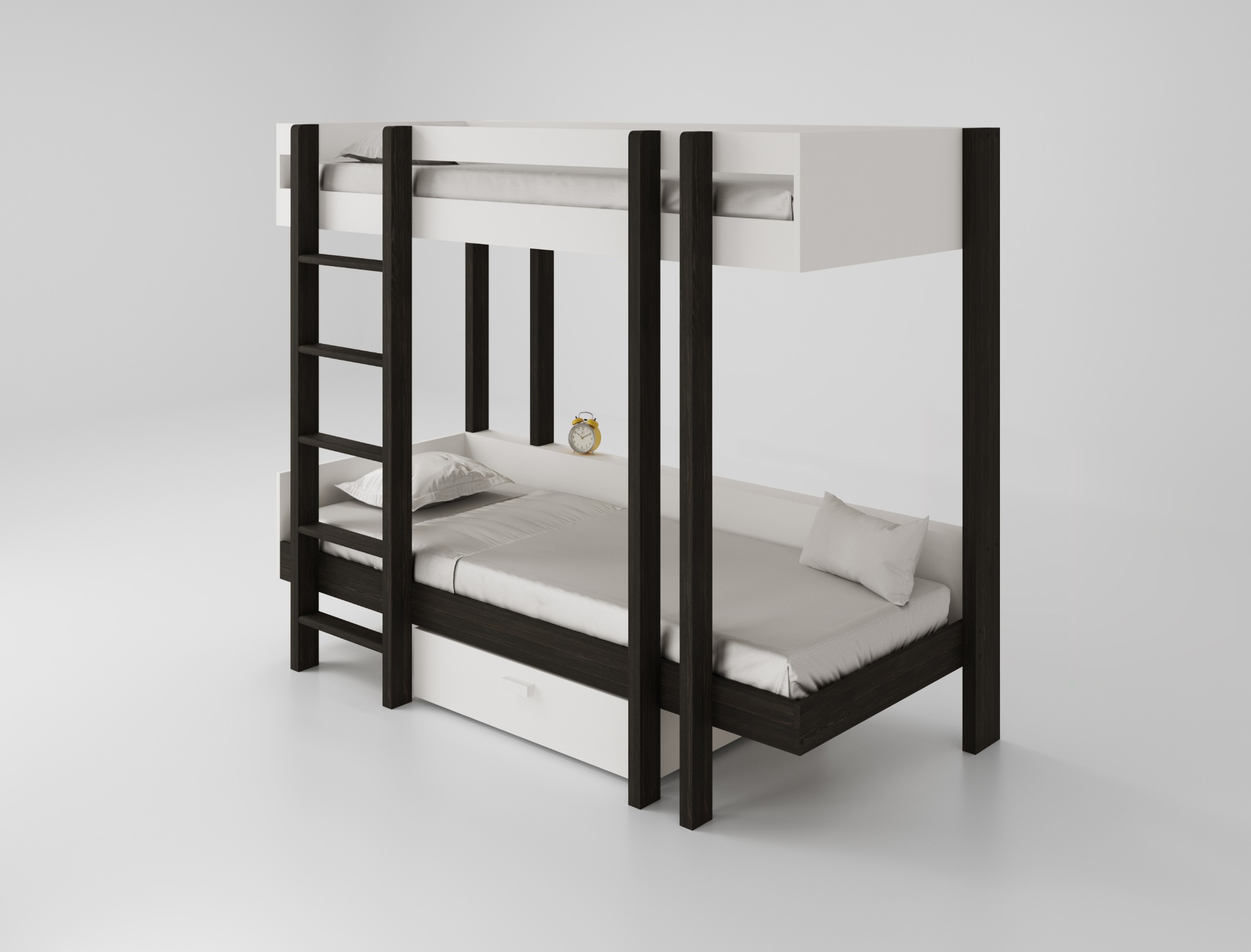 Dwupoziomowe łóżko z drabinką, w kolorach bieli i ciemnego drewna, z szufladą i małym budzikiem. Minimalistyczny design w jasnym pomieszczeniu.
