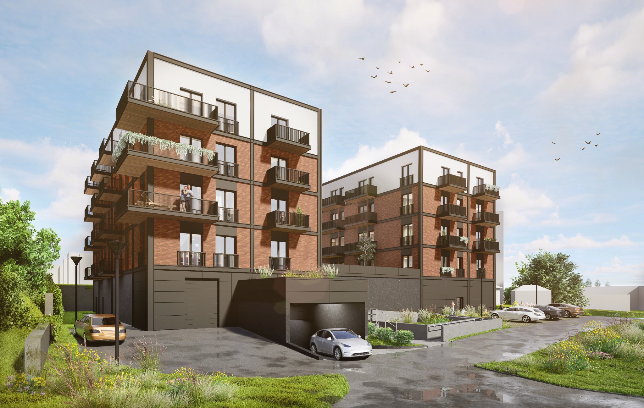 Wizualizacja osiedla z ceglaną elewacją, balkonami z roślinami i podziemnym parkingiem. Na jednym z balkonów para osób. Nad budynkami klucz ptaków na tle nieba.