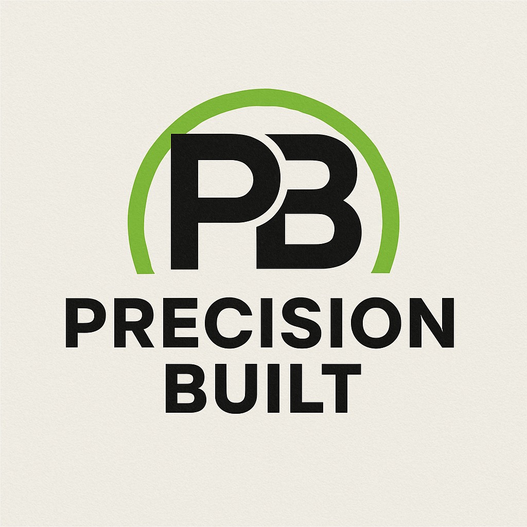 Logo 'Precision Built' z czarnym napisem i zielonym okręgiem nad skrótem 'PB' na teksturowanym, kremowym tle. Minimalistyczny design.