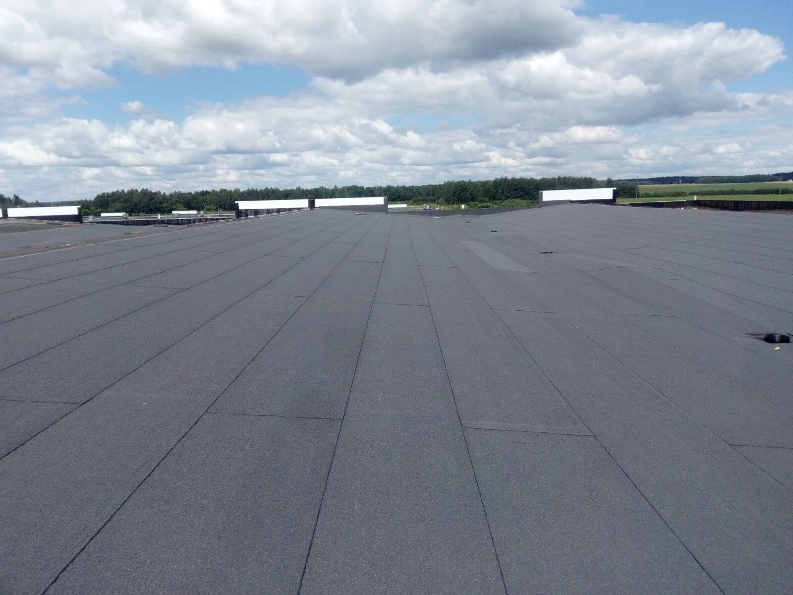 Szary dach pokryty papą termozgrzewalną na budynku przemysłowym, widok z góry, tło: błękitne niebo z chmurami, zieleń drzew w oddali. Widoczne łączenia papy.