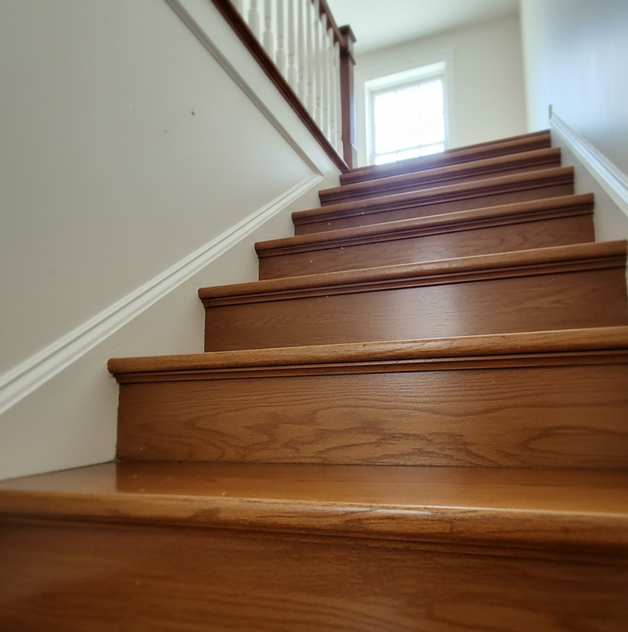 Odnowione drewniane schody z widoczną strukturą drewna, prowadzące do okna. Białe ściany i balustrada. Ujęcie z dołu, podkreślające detale wykończenia.