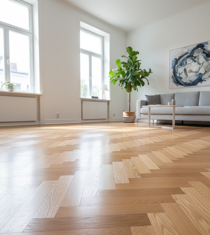 Parkiet ułożony w jodełkę po renowacji, jasne drewno, widok na salon z szarą sofą, obrazem i rośliną doniczkową. Duże okna wpuszczają naturalne światło.