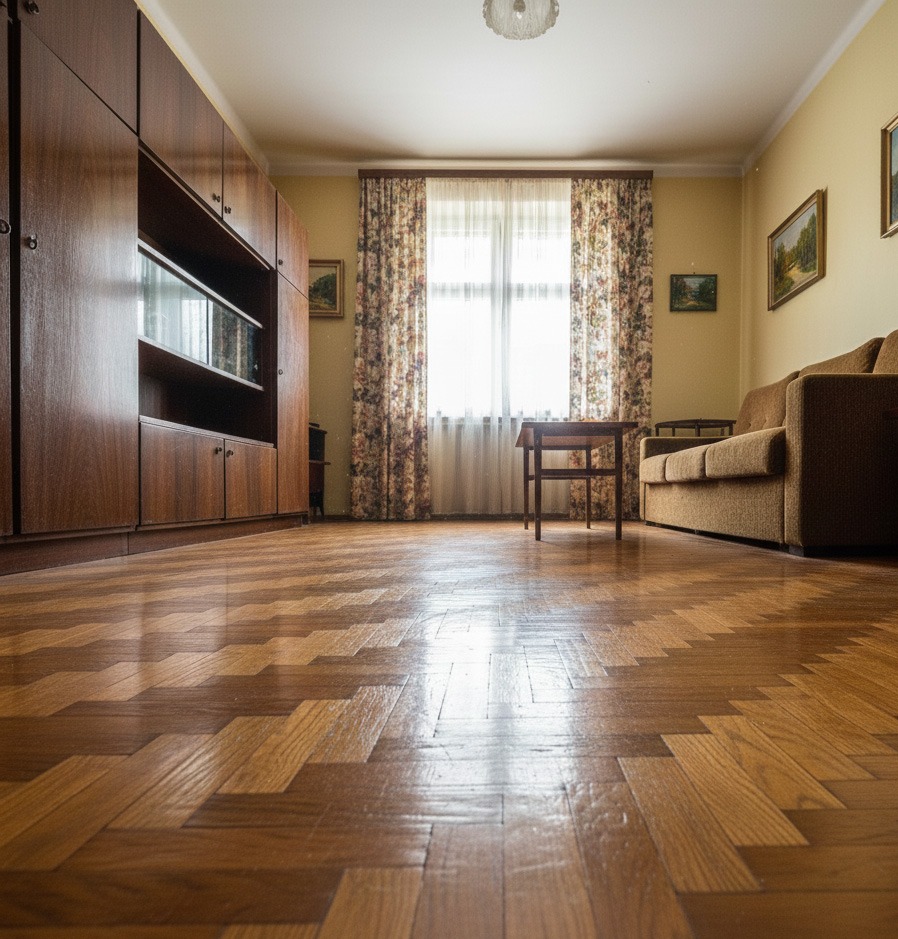 Błyszcząca, odnowiona podłoga parkietowa ułożona we wzór jodełki w pokoju z brązowymi meblami i zasłonami w kwiaty. Widok na całe pomieszczenie.