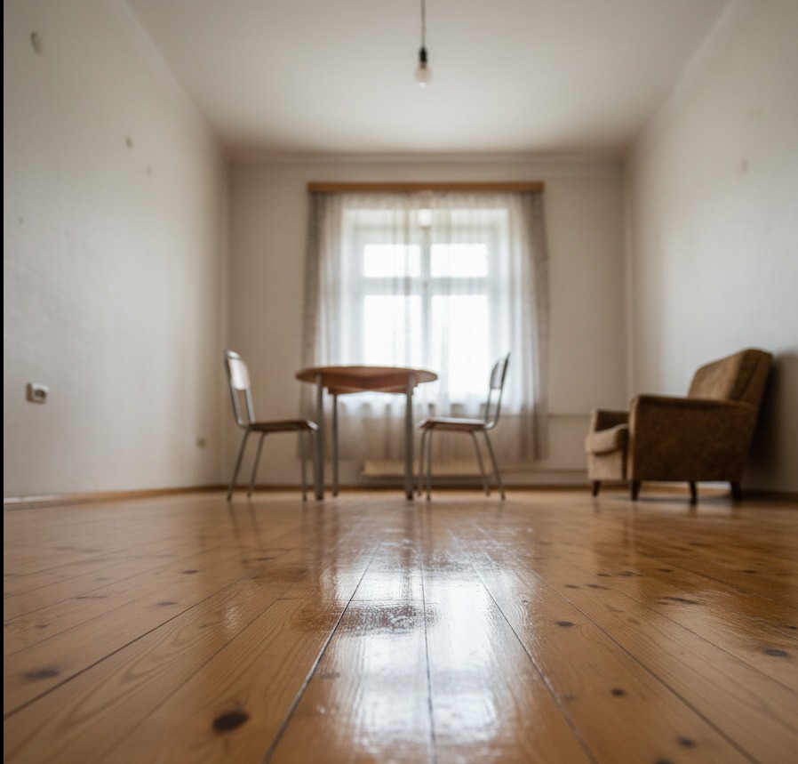 Błyszcząca, odnowiona drewniana podłoga w pustym pokoju z meblami w tle. Widok z niskiej perspektywy podkreśla gładką powierzchnię podłogi.