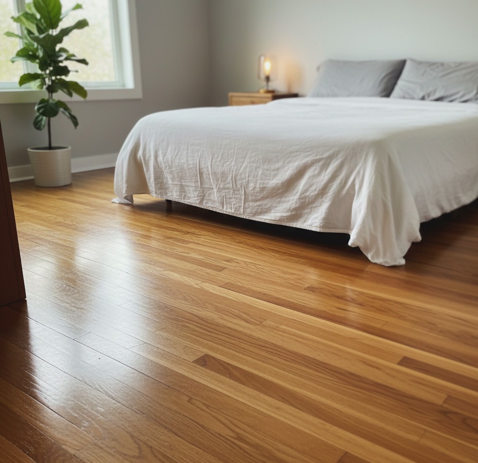 Błyszcząca, odnowiona drewniana podłoga w sypialni z łóżkiem i rośliną w tle. Parkiet po renowacji, widoczne słoje drewna i odbicia światła. Jasne wnętrze.