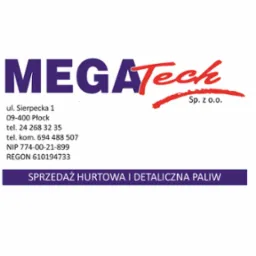 Logo firmy MEGATech z adresem, numerami telefonów i informacją o sprzedaży hurtowej i detalicznej paliw na białym tle. Fioletowo-czerwona kolorystyka.