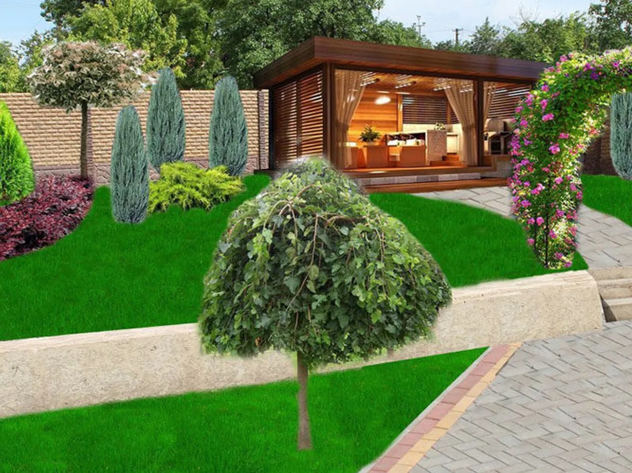 Aranżacja ogrodu z altaną, ścieżką z kostki i ozdobnymi drzewami. Widoczne tuje, trawnik i kwitnąca pergola. Całość utrzymana w estetycznym stylu.