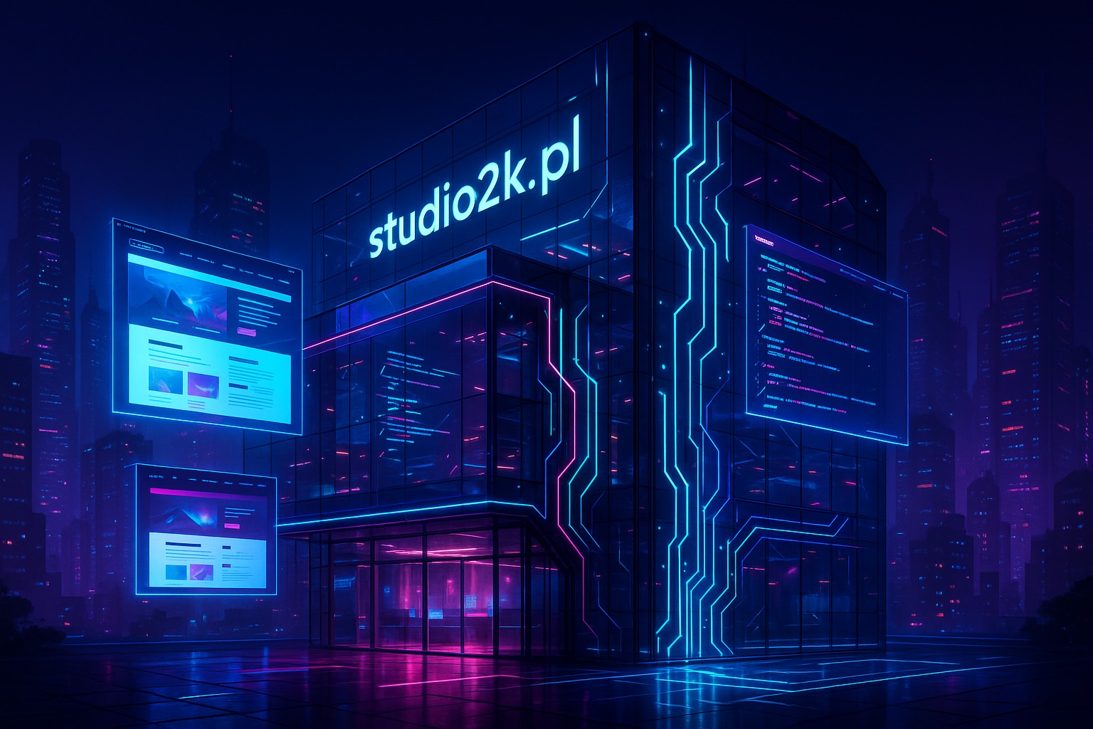 Nowoczesny budynek firmy studio2k.pl w Nysie z neonami i ekranami prezentującymi kod oraz strony internetowe na tle nocnego miasta.