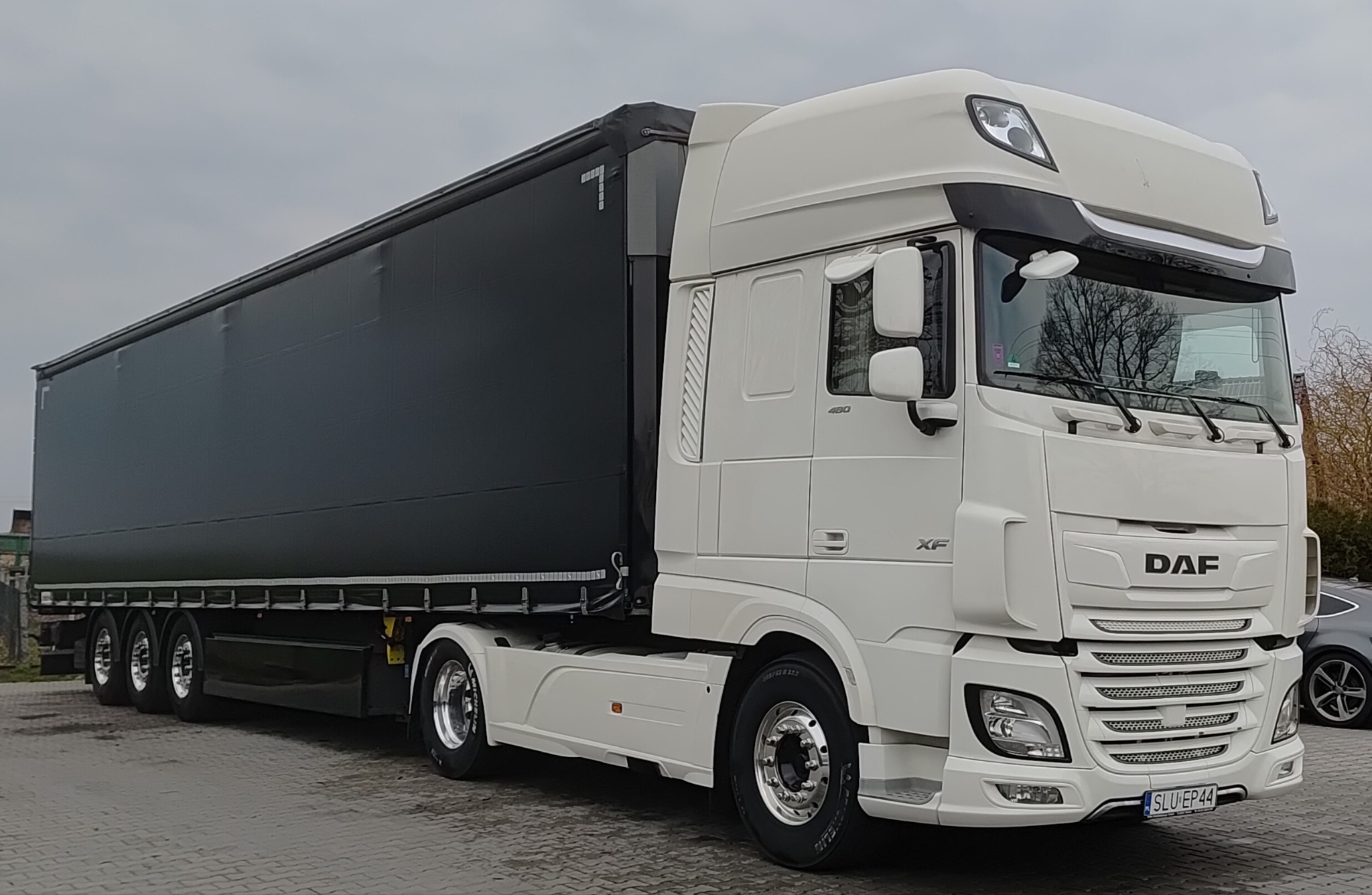 Biała ciężarówka DAF XF z czarną naczepą na szarym tle. Widoczny numer rejestracyjny SLU EP44. Czysty i zadbany pojazd.