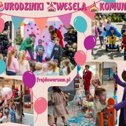 Frajdowersum - Kolaż zdjęć z imprez dla dzieci: urodziny, wesela, komunie. Animatorzy w akcji, dzieci w trakcie zabaw. Balony, dekoracje i radosna atmosfera.