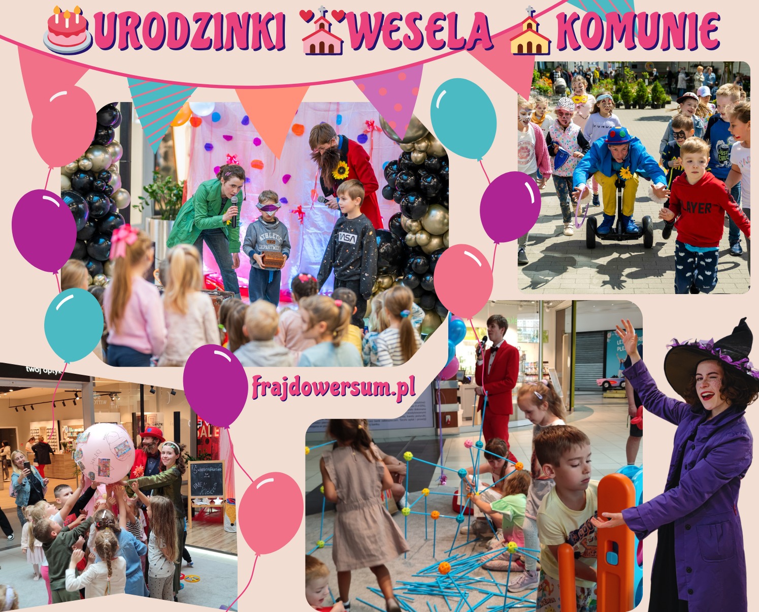 Kolaż zdjęć z imprez dla dzieci: urodziny, wesela, komunie. Animatorzy w akcji, dzieci w trakcie zabaw. Balony, dekoracje i radosna atmosfera.