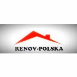 Logo firmy Renov-Polska. Czerwony dach nad nazwą firmy, szary prostokątny cień pod napisem. Centralny kadr, prosty design.