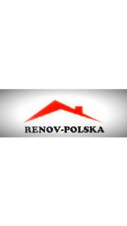 Logo firmy Renov-Polska. Czerwony dach nad nazwą firmy, szary prostokątny cień pod napisem. Centralny kadr, prosty design.