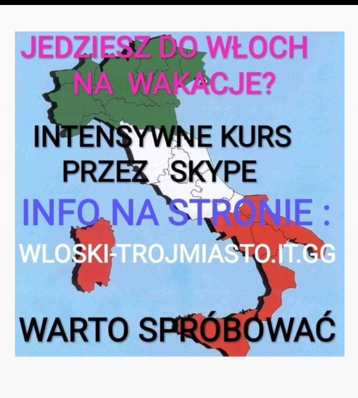 Mapa Włoch w barwach flagi z tekstem o intensywnym kursie przez Skype i zaproszeniem na stronę: wloski-trojmiasto.it.gg. Zachęta: Warto spróbować.