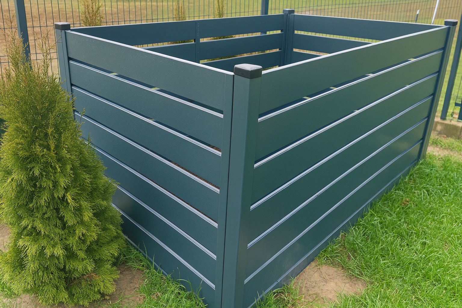 Nowoczesny, grafitowy kompostownik z metalowych paneli, z widoczną rośliną iglastą obok, na tle zielonego trawnika i ogrodzenia panelowego.