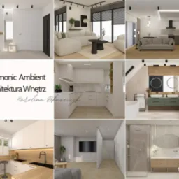 Kolaż wizualizacji wnętrz: salon z sofą, kuchnia z drewnianym blatem, łazienka z zieloną szafką i lustrami. Całość w jasnych, stonowanych barwach i nowoczesnym stylu.