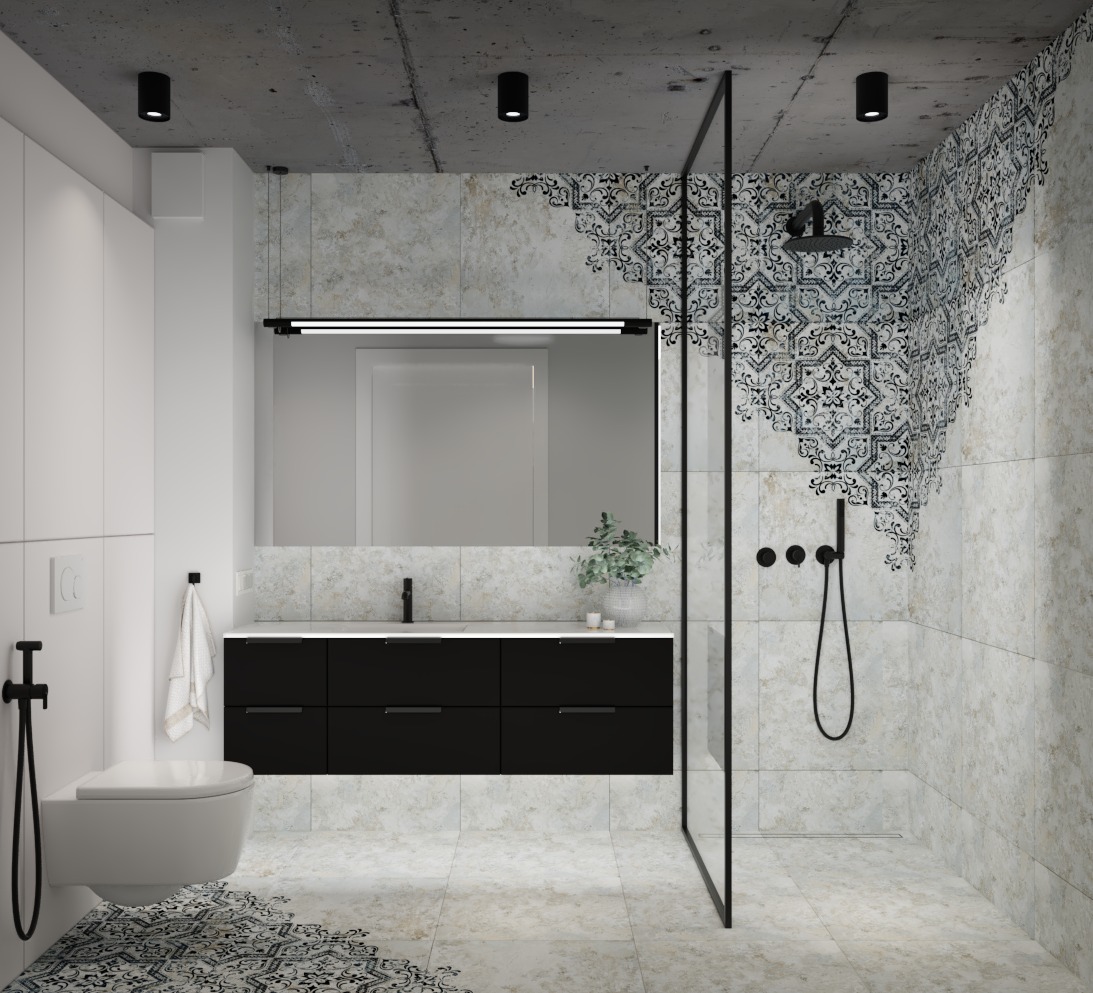 Nowoczesna łazienka z betonowym sufitem, czarną armaturą i wzorzystymi płytkami. Kabina prysznicowa typu walk-in z czarną ramą. Minimalistyczna szafka pod umywalką.