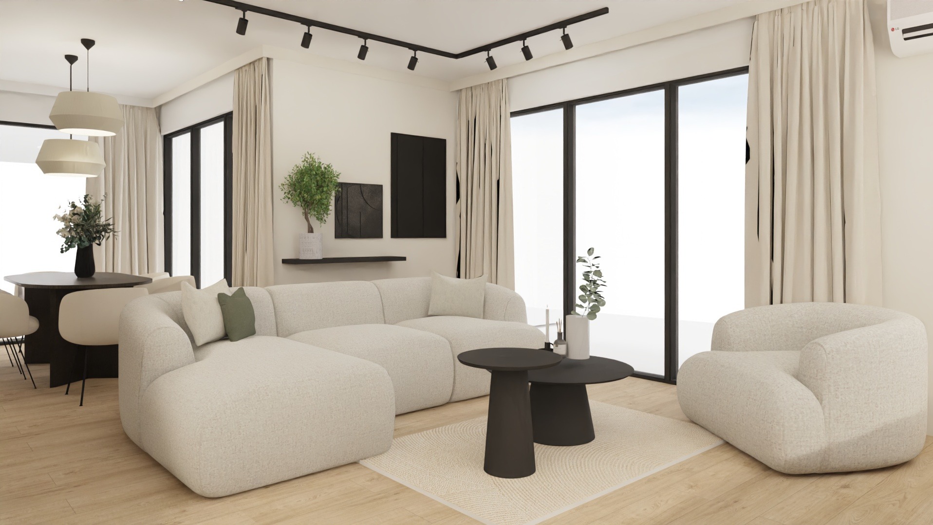 Jasne wnętrze z narożną sofą, okrągłym stolikiem kawowym i jadalnią. Minimalistyczny design, duże okna z zasłonami, drewniana podłoga, oświetlenie punktowe.