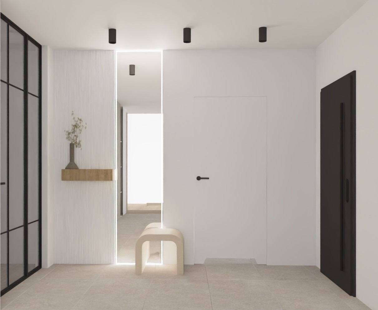 Minimalistyczny przedpokój: białe ściany, czarne akcenty, lustro z podświetleniem LED, drewniana półka z wazonem i beżowa pufa. Nowoczesny design.