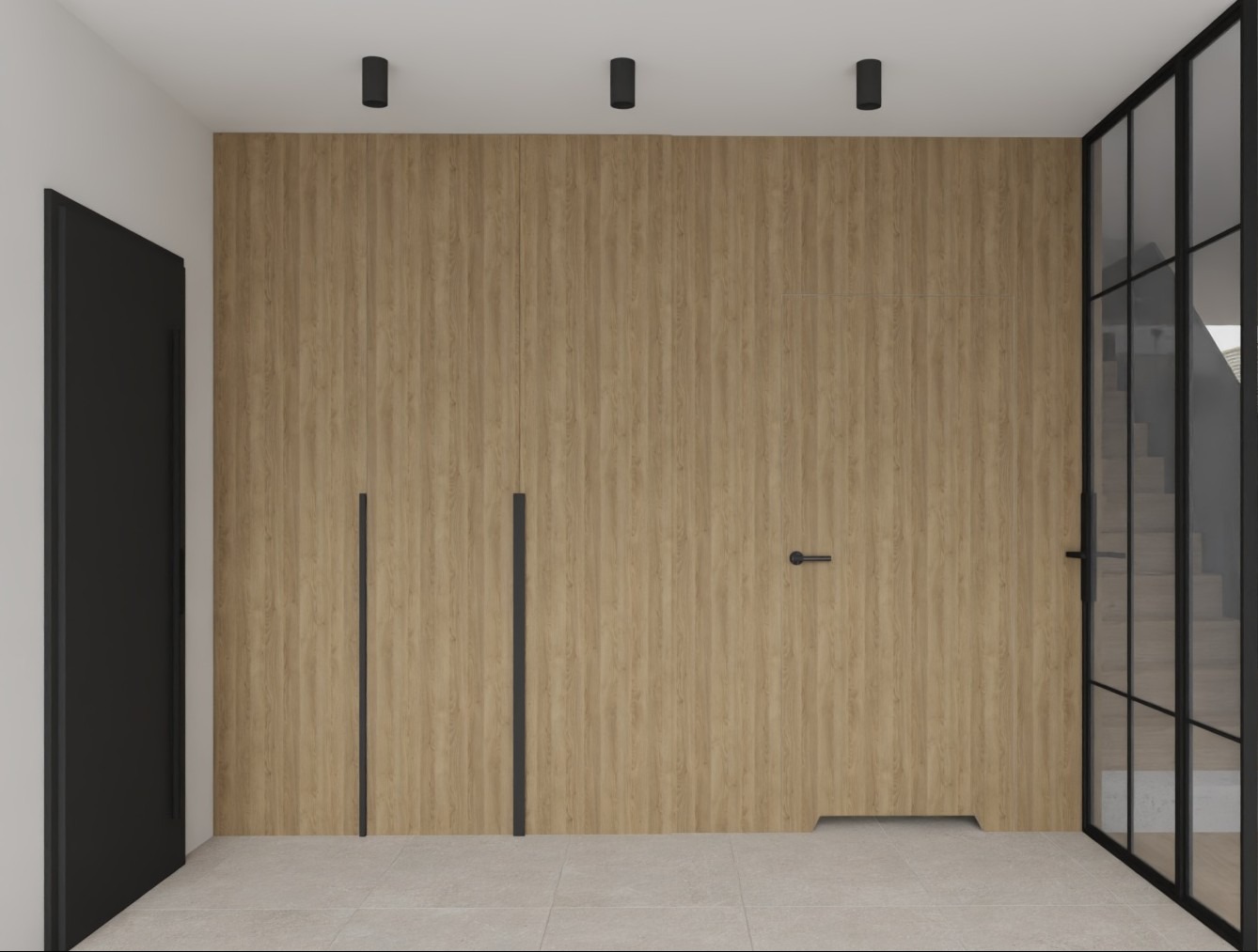 Minimalistyczny przedpokój z drewnianą zabudową ścienną, czarnymi akcentami i przeszkleniem na schody. Oświetlenie punktowe i jasna podłoga tworzą spójną całość.