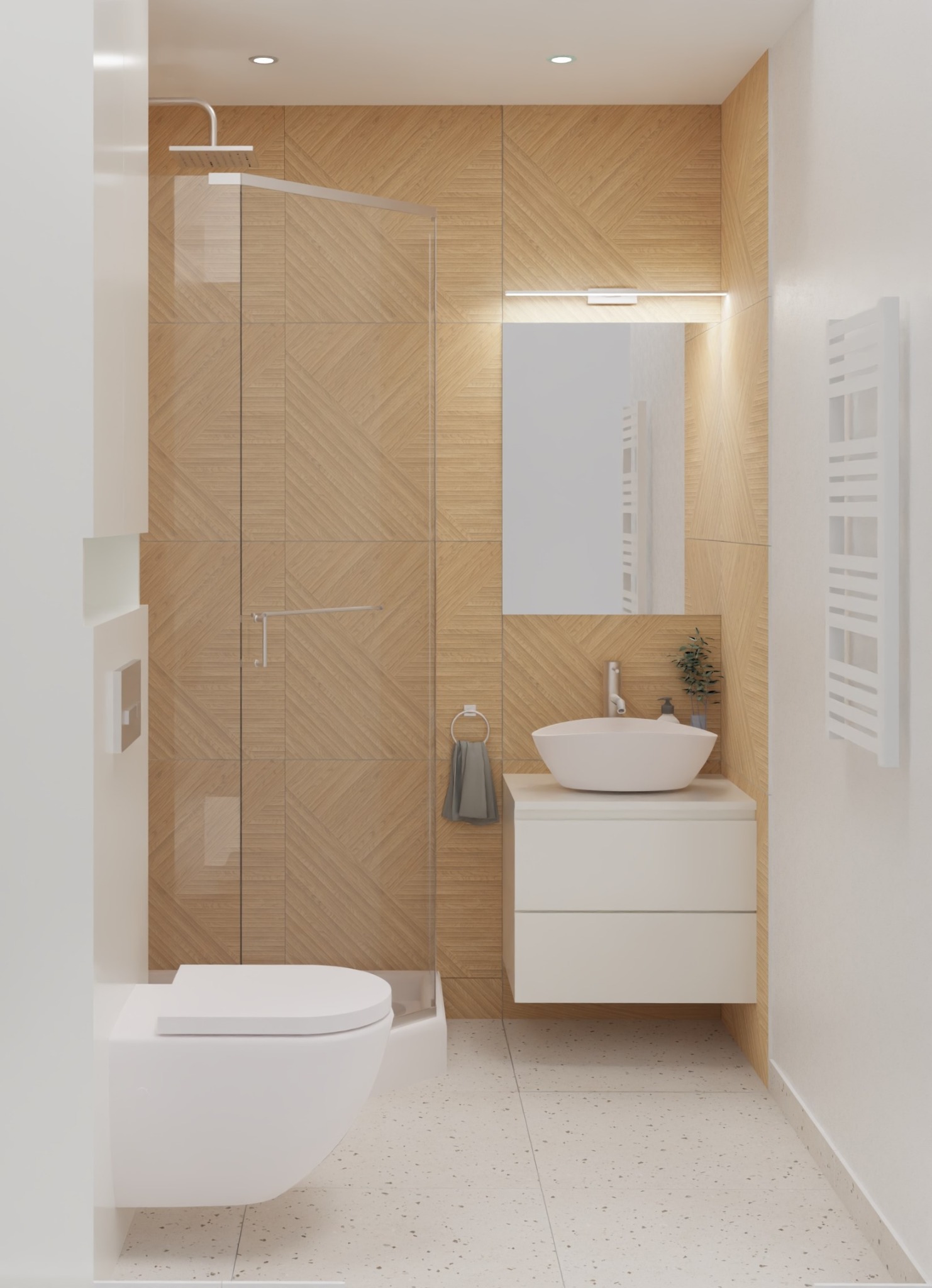 Nowoczesna łazienka z kabiną prysznicową typu walk-in, umywalką nablatową i drewnopodobnymi płytkami ułożonymi w geometryczny wzór.