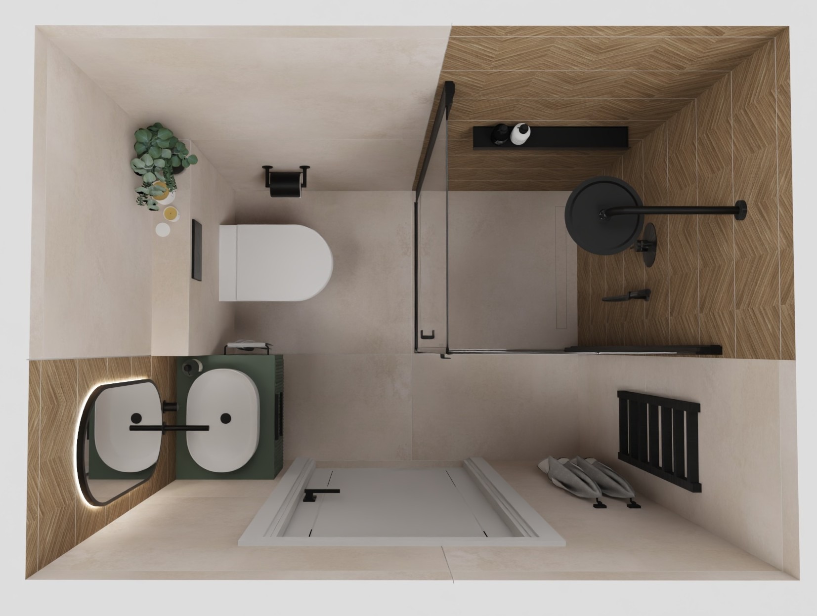 Wizualizacja łazienki z kabiną typu walk-in, umywalką z podświetlanym lustrem i drewnianą okładziną na ścianie, widziana z góry.
