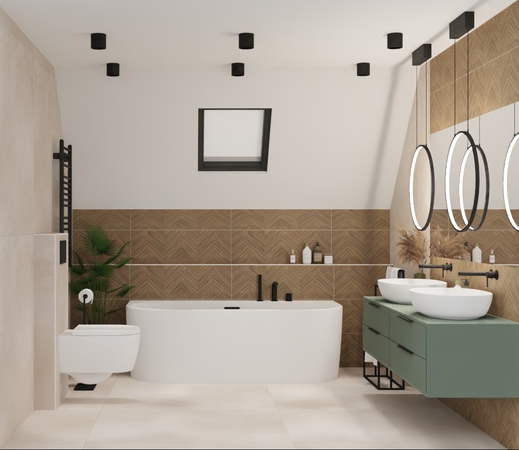 Nowoczesna łazienka na poddaszu z wanną, umywalką nablatową i drewnopodobną glazurą ułożoną w jodełkę, oświetlona okrągłymi lampami.