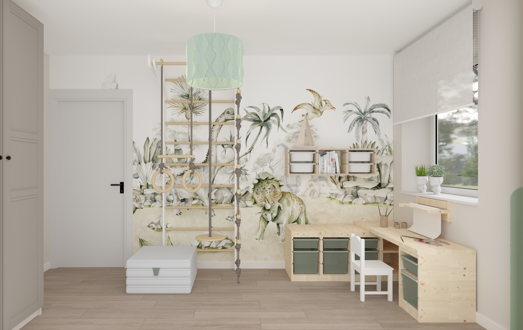 Pokój dziecięcy z motywem dinozaurów na tapecie, drewnianą drabinką gimnastyczną i biurkiem z jasnego drewna. Zielony abażur lampy nadaje wnętrzu unikalny charakter.