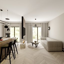 SANDROOM ARCHITEKTURA WNĘTRZ SANDRA MACULEWICZ - Stylowe wnętrze: kuchnia z wyspą, salon z sofą i biokominkiem. Parkiet w jodełkę, nowoczesne oświetlenie, minimalistyczny design. Realistyczna wizualizacja.