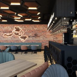 SANDROOM ARCHITEKTURA WNĘTRZ SANDRA MACULEWICZ - Nowoczesne wnętrze lokalu gastronomicznego z ceglaną ścianą, neonem w kształcie jeziora Ukiel, barem z alkoholem i designerskimi lampami sufitowymi.