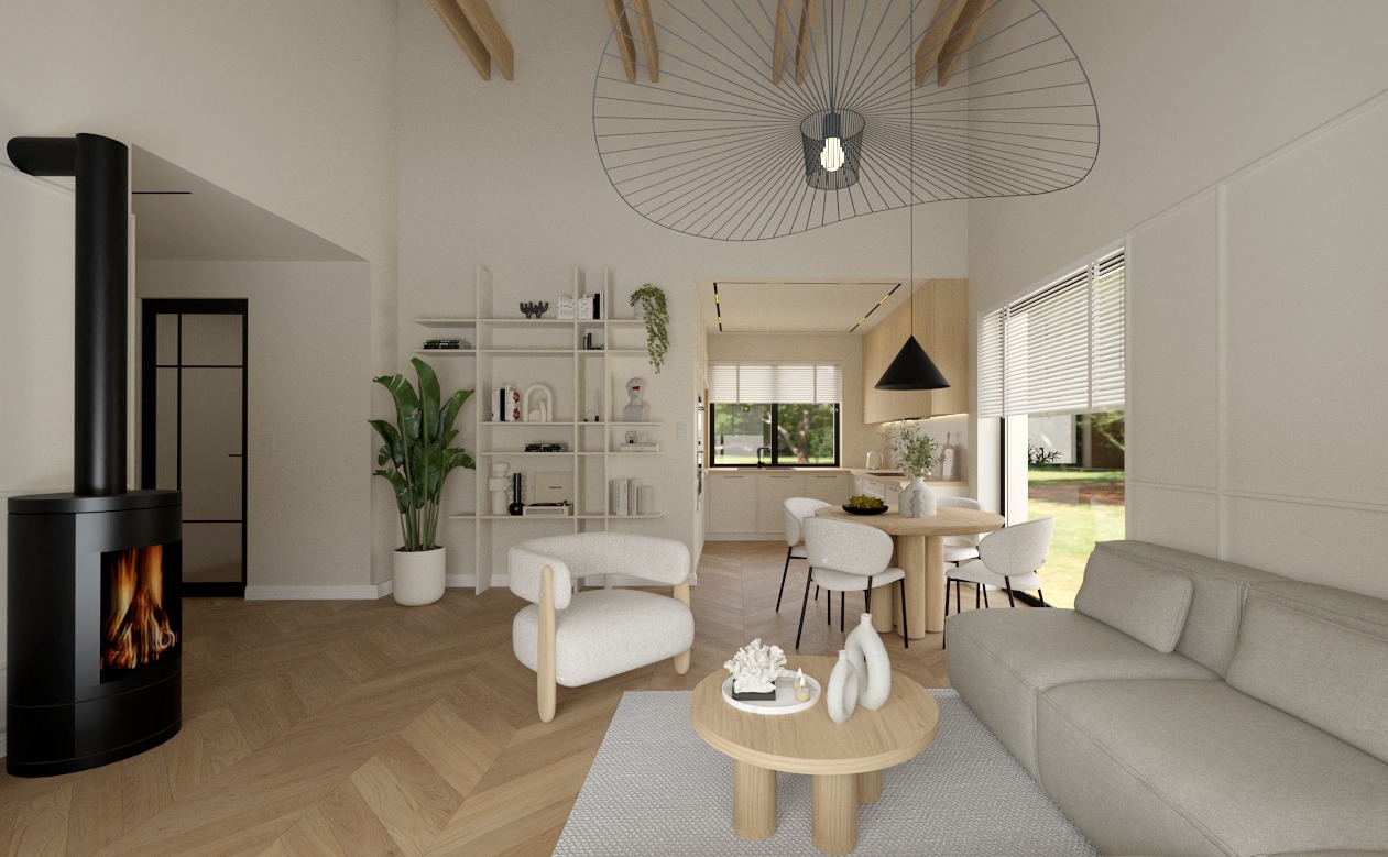 Jasne wnętrze z kominkiem, drewnianą podłogą w jodełkę i otwartą kuchnią. Minimalistyczny design z roślinami i unikalnym oświetleniem.