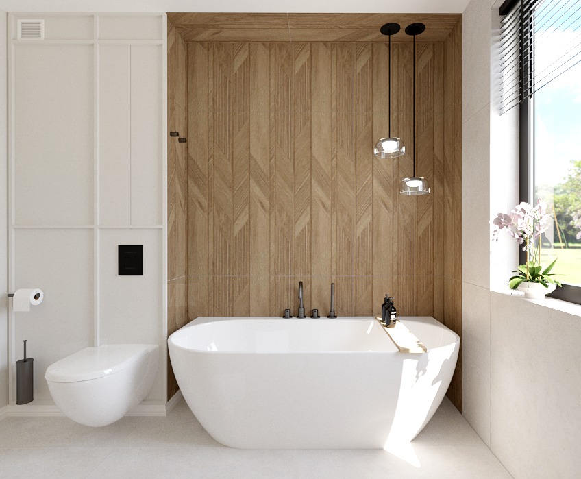 Biała wanna wolnostojąca w jasnej łazience z drewnianą ścianą w jodełkę, wiszące lampy i kwiaty na parapecie. Nowoczesne wykończenie.