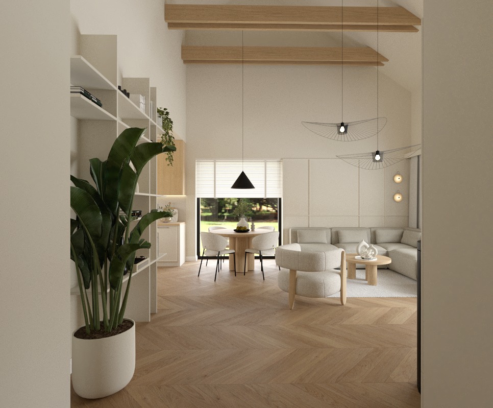 Jasne wnętrze z parkietem w jodełkę. Widok na salon z sofą narożną, okrągły stół jadalny i designerskie lampy wiszące. Minimalistyczny regał z rośliną doniczkową.