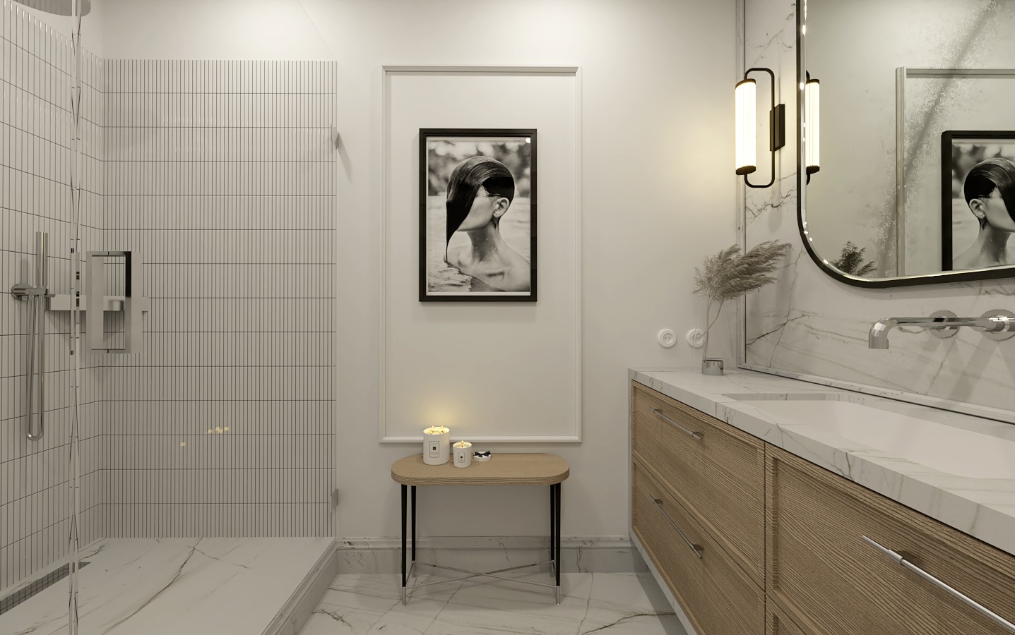 Nowoczesna łazienka z kabiną prysznicową, umywalką z drewnianą szafką i marmurowym blatem. Na ścianie czarno-biała fotografia i dekoracyjne świece.