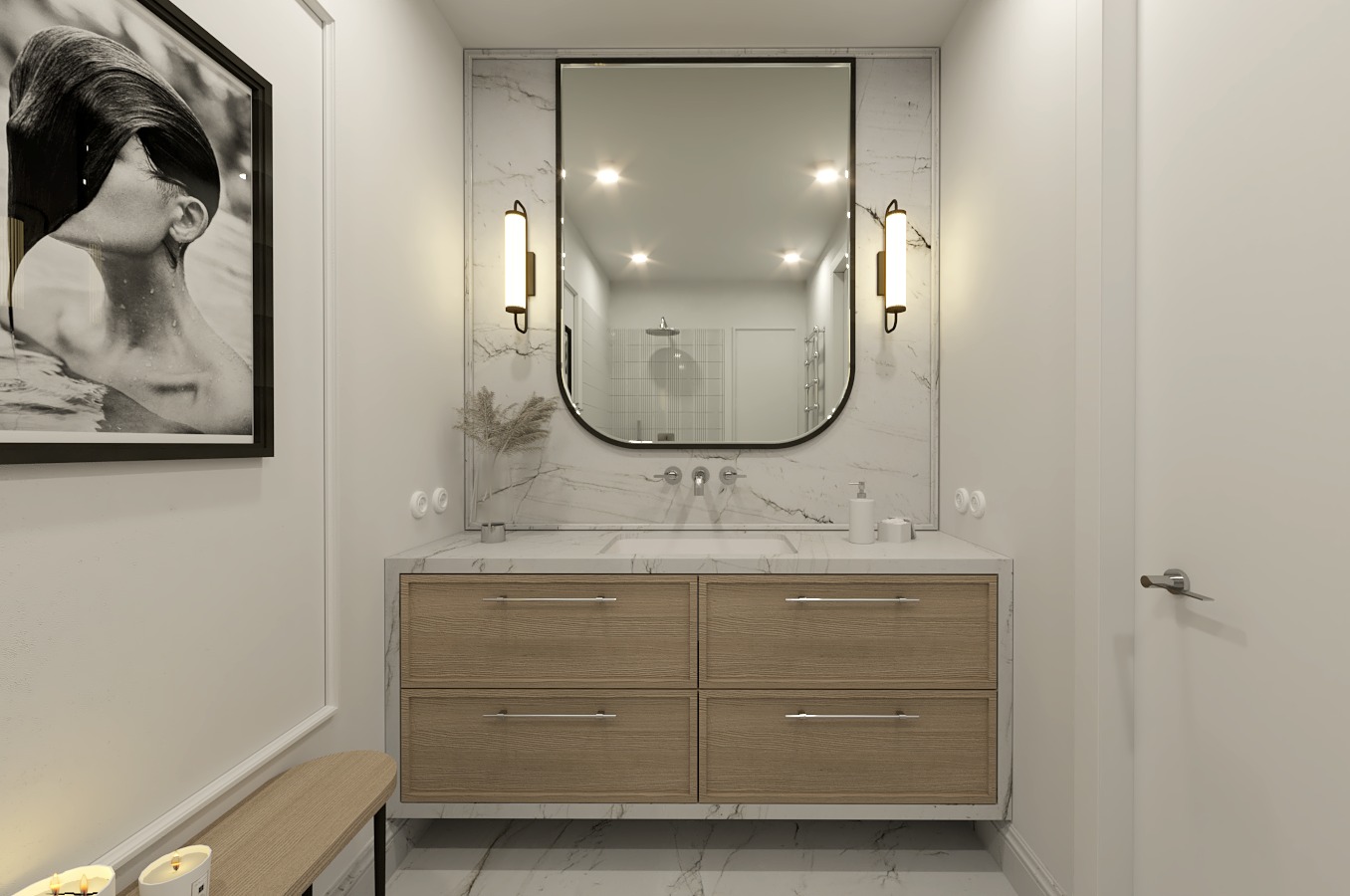 Elegancka łazienka w Olsztynie: marmur i drewno. Lustro z oświetleniem, szafka z szufladami, grafika na ścianie. Nowoczesny design, jasne kolory, minimalistyczny styl.