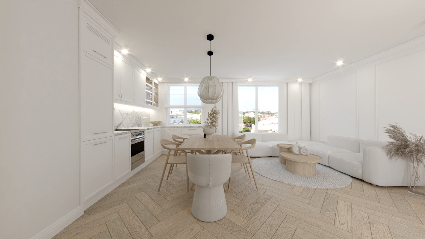 Jasne, przestronne wnętrze: kuchnia z marmurowym blatem, drewniany stół z krzesłami, biała sofa i dywan. Duże okna wpuszczają naturalne światło.
